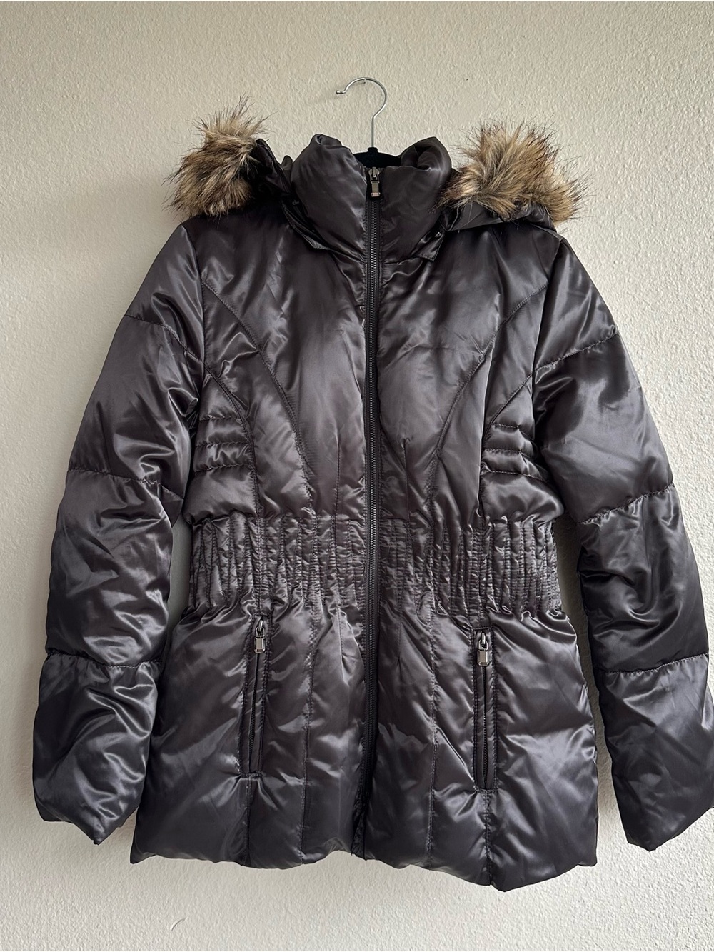 Laundry By Shelli Segal Shiny Dark Gray Puffer Coat with Faux Fur Hood
